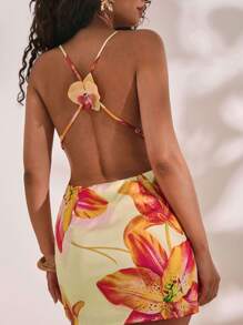 Opulessa Women's Backless Floral Print Spaghetti Strap Sexy Mini Dress, Party Dress,Sexy Elegant Party,Graduation,Prom,Luxury Evening,Going Out Dress For Women - Light Yellow - View 4