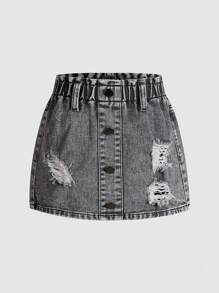 Young Girls Grey Ripped Denim Skirt: Short Button-Front Design With Comfortable Elasticated Waist Girls' Casual Distressed Gray Denim Skirt Stylish Grey Ripped Denim Short Skirt For Young Girls With Button Front And Elastic Waistband - Grey - View 1