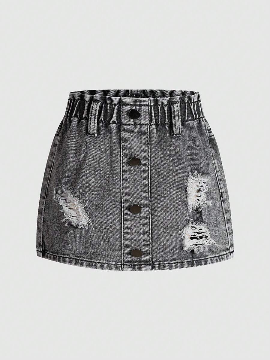 Young Girls Grey Ripped Denim Skirt: Short Button-Front Design With Comfortable Elasticated Waist Girls' Casual Distressed Gray Denim Skirt Stylish Grey Ripped Denim Short Skirt For Young Girls With Button Front And Elastic Waistband - Grey - View 1