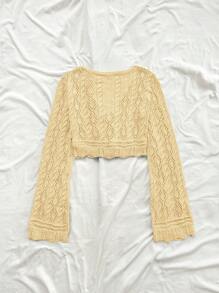 Soleia Women's Hollow Out Drawstring V-Neck Long Sleeve Cropped Sweater, Vacation Style - Mustard Yellow - View 2