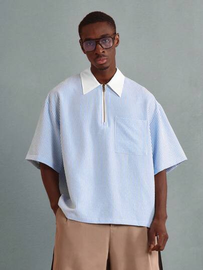 SUMWON Casual Oversized Striped Polo Shirt Half-Zip Spring Summer Business Smart Quarter Zip Collared Pocket Athletic Streetwear Comfort Office Wear