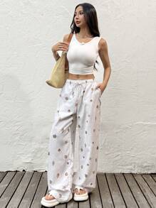 SHEIN EZwear Starfish & Shell Printed Lace-Up Comfy Plus Size Casual Pants Seashell Pants Boho Pants For Women