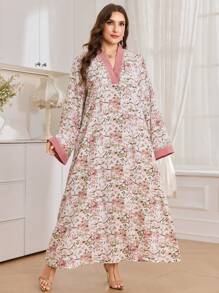 Al Najma Plus Size Women Elegant Arabic Style Patchwork Color Block Long Sleeve Dress - Multicolor - View 3