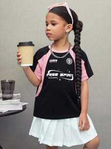 Young Girl Contrast Color Knit Loose Fit Crew Neck T-Shirt - Black - View 2