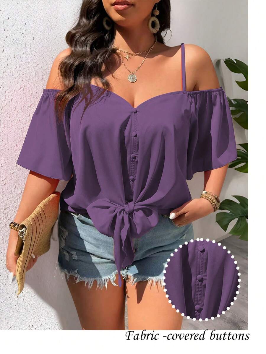 EMERY ROSE Áo sơ mi hở vai cổ chữ V giản dị thời trang cổ điển - Màu tím - Xem 1