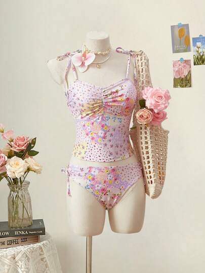 SHEIN MOD Women Summer Vacation Beach Ditsy Floral Spaghetti Strap Bikini Set,Each Outfits For Woman,Woman Bathing Suits,Tank Tops, Cute, Kawaii