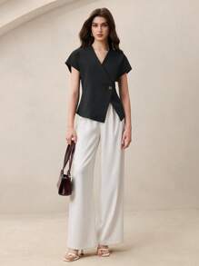 BizChic 女式黑色金属纽扣 V 领短袖衬衫，都市通勤办公室商务休闲优雅正式衬衫上衣