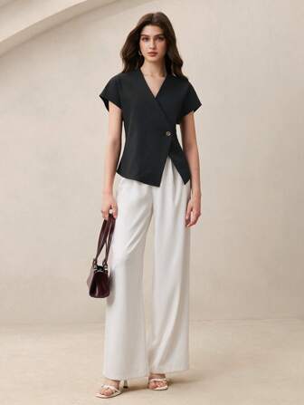 BizChic 女式黑色金属纽扣 V 领短袖衬衫，都市通勤办公室商务休闲优雅正式衬衫上衣