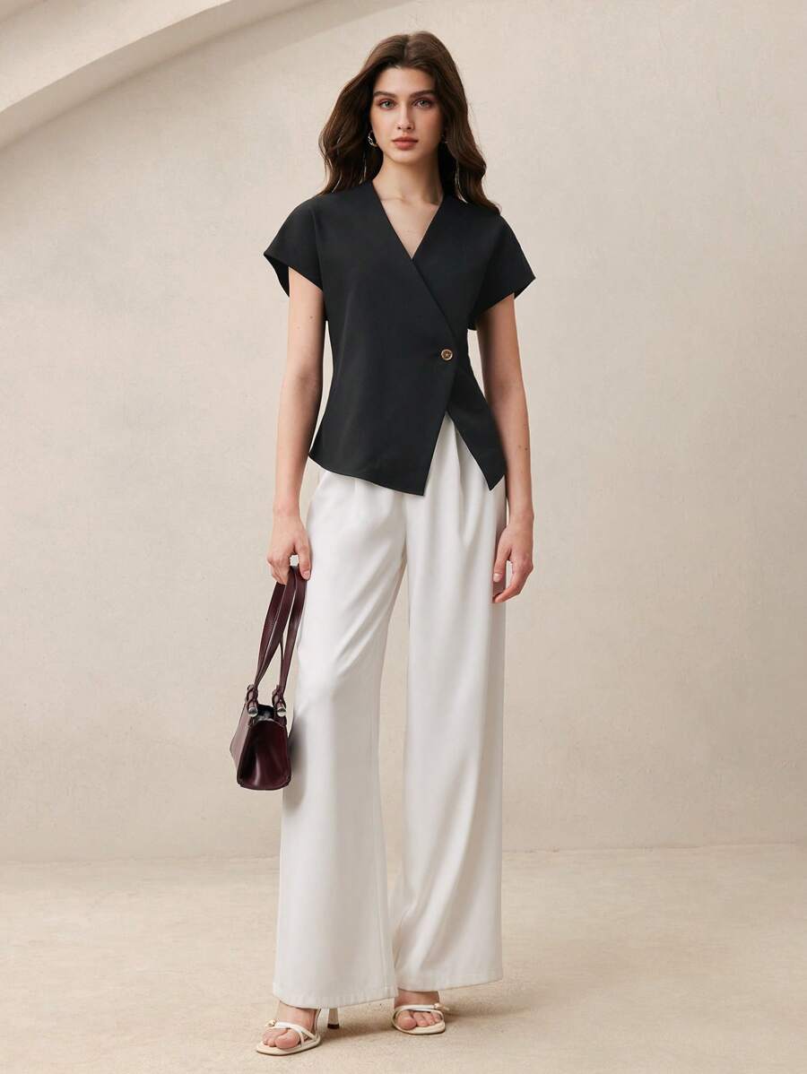 BizChic 女式黑色金属纽扣 V 领短袖衬衫，都市通勤办公室商务休闲优雅正式衬衫上衣