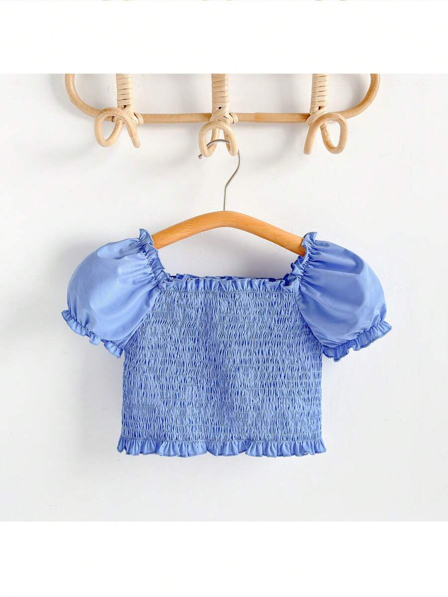 Loomiva 少女春夏法式优雅蓝色刺绣梭织荷叶袖短款上衣和裤子套装 - 藍色 - 查看 1