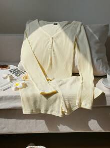 Comfortcana 大码女式休闲纯色长袖上衣和短裤两件套 - 黃色 - 查看 4