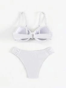 Swim Mod 女式夏季纯色性感聚拢褶皱吊带短款上衣和比基尼泳裤两件套泳衣套装，海滩度假泳装 - 白色 - 查看 5