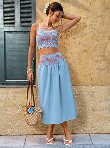 SHEIN VCAY 女士日常两件套服装，刺绣套装，刺绣，撞色，女士两件套，女士两件套，女士沙滩装，度假风格