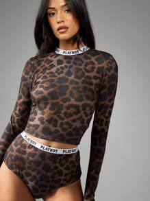 Missguided x Playboy 品牌带豹纹印花上衣和内裤超短裤两件套 - 彩色 - 查看 1