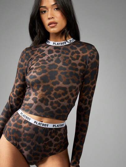 Missguided x Playboy Branded Band Leopard Print Top And Knickers Micro Shorts Two Piece Co Ord Set