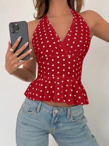 Breezaya 女式夏季V领无袖波点荷叶边下摆度假音乐节背心 - 紅色 - 查看 4