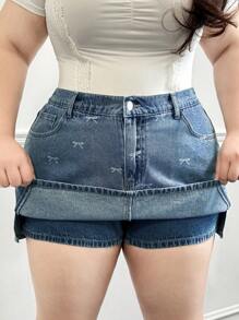 SHEIN EZwear Plus Size Women's Casual Summer Vacation Faded Blue Print Denim Skirt Pants - Light Wash - View 3