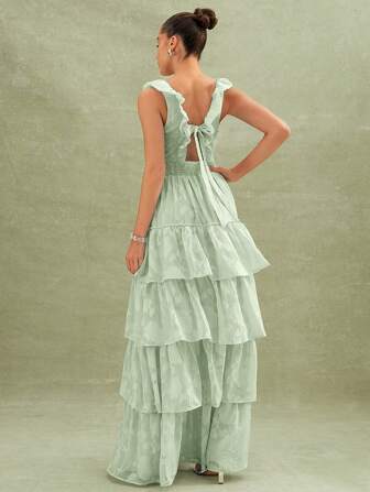 L'Amorae Blommig texturerad skiktad volang Maxiklänning