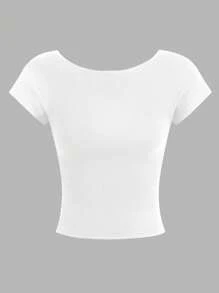 SHEIN Essnce 4 piezas de camisetas de mujer de cuello redondo, ajustadas, con espalda calada, de estilo casual y liso, versátiles para el verano