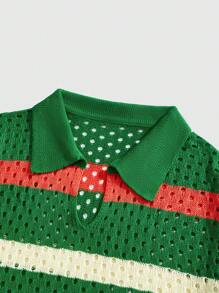ROMWE MEN Casual Nuova maglia a maniche corte con blocchi di colore, in stile primavera/estate - Verde - Visualizzare 3
