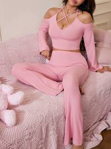 SweetSlumber 2 piezas Conjunto de pijama de mujer con escote en V profundo y sexy