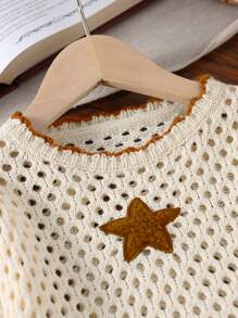 Girls' Semi-Sheer Knitwear Sweater: Round Neck Long Flare Sleeves And Short Length With Brown Stripes Featuring A Star Applique On The Chest In Cropped Hollow Out Design - Brown - View 3