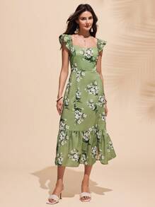 Chiquease 女士优雅碎花方领度假风中长连衣裙 - 淺綠色 - 查看 6