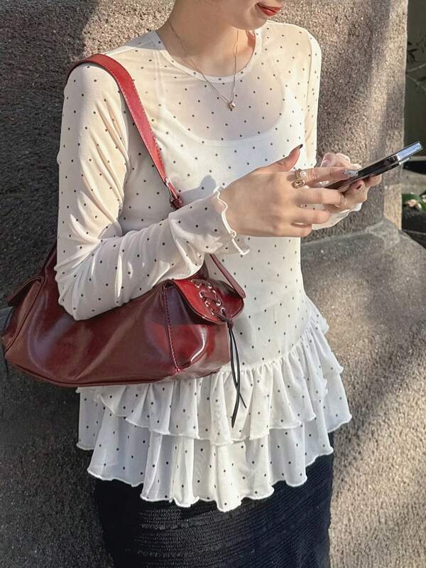 FRIFUL Women Sheer Polka Dot Print Long Sleeve Ruffle Hem Blouse, Summer Fall Top