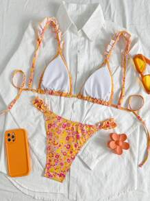 SHEIN Swim 女士两件套泳衣，可爱花卉印花，可调节肩带，后绑带，适合夏季海滩度假 - 彩色 - 查看 6