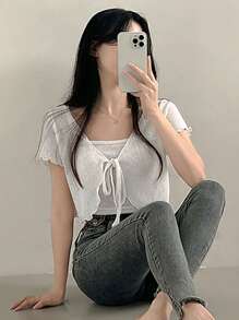 DAZY 2 件女士休闲纯色短款上衣搭配系带前吊带背心套装，夏季 - 白色 - 查看 8
