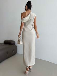 Firerie 女式中长连衣裙,端庄,秋季时尚,商务休闲,老钱风格,乡村时尚,外出上衣,旅行机场装,返校约会之夜,优雅的杏色亚麻竹纤维不对称肩部褶皱开衩长裙 - 杏色 - 查看 8