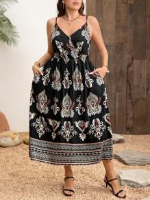 SHEIN Clasi Plus Size Women Black Elegant Holiday Positioning Floral Print Bohemian Style Sleeveless Dress,Autumn Vacation,,Old Money Summer Outfits - Multicolor - View 4