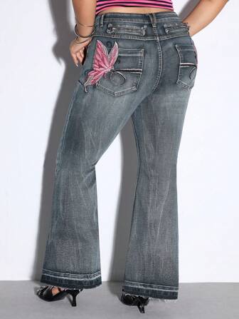 J-Fashion Plus Size Women's Y2K Baddie Style Tight High Waisted Butterfly Embroidered Distressed Wash Low-Rise Denim Jeans