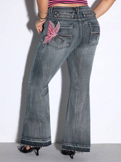 J-Fashion Plus Size Women's Y2K Baddie Style Tight High Waisted Butterfly Embroidered Distressed Wash Low-Rise Denim Jeans