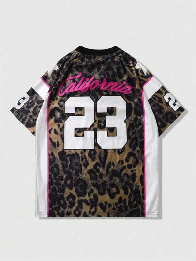 Street Life Men's Y2K Leopard Sports Rhinestone Decor Short Sleeve T-Shirt, Athletic Tee For Summer
