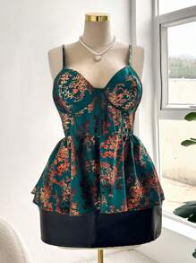 Sweetra 加大码夏季优雅花卉印花荷叶边下摆吊带背心 - 墨綠色 - 查看 5