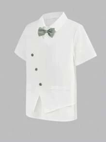 SHEIN Leap Crew 3pcs Tween Boy Casual Gentlemen Vest, Shirt, Shorts & Bowknot Outfit Set, Suitable For Commute, School, Casual Occasions, Weddings, Birthday Parties, Spring/Summer - White - View 8