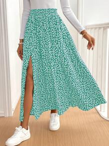 SHEIN Frenchy Damska spódnica z falbanką i drobnymi kwiatowymi zdobieniami, modna na lato - Zielony - Zobacz 5