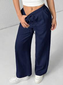 SHEIN PETITE 女款三件套纹理阔腿裤 黑色+白色+绿色 - 藏蓝色 - 查看 4