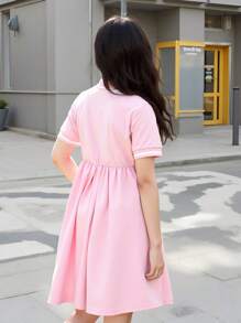 Sporty Ribbed Striped Collar Front Open Sweater Dress - Pink - View 2