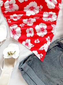 Soleia Floral Print Asymmetric Neck Ruched Sleeveless Fitted Crop Top