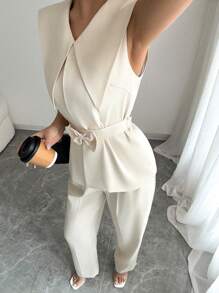 Elenzga Completo estivo da donna composto da blusa smanicata elegante con fiocco in vita e pantaloni lunghi, adatto per festival musicali, vacanze e uso quotidiano in tutte le stagioni