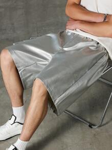 PAVTROS Men Summer Solid Color Casual Loose PU Shorts With Pocket - Silver - View 5