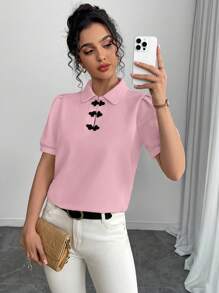 SHEIN Unity Vintage Chinese Style Button Decor Short Sleeve Shirt - Dusty Pink - View 3