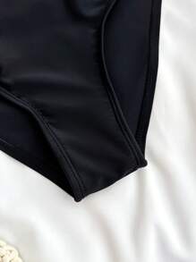 SHEIN Leap Crew Teen Girls' Colorblock Asymmetrical Neck One-Piece Swimsuit With Bow Decor, Simple Daily Wear For Spring, Summer, Beach, Vacation - Black and White - View 5