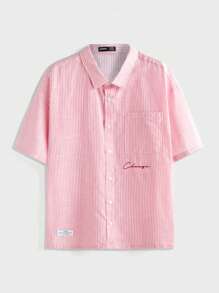 EASEVO Camisa de manga corta holgada y casual de talla grande para hombre, a rayas, en color rosa y blanco