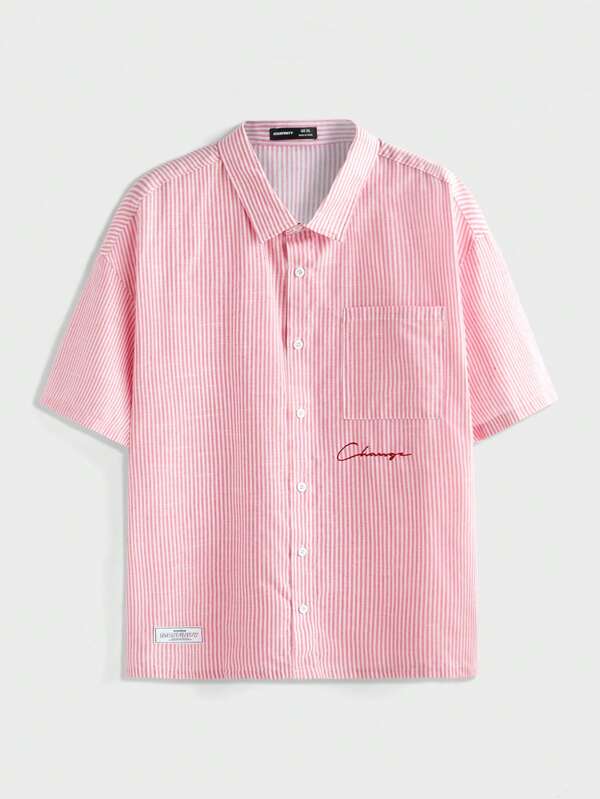 EASEVO Plus Size Men's Loose Casual Woven Striped Short Sleeve Shirt, Pink & White