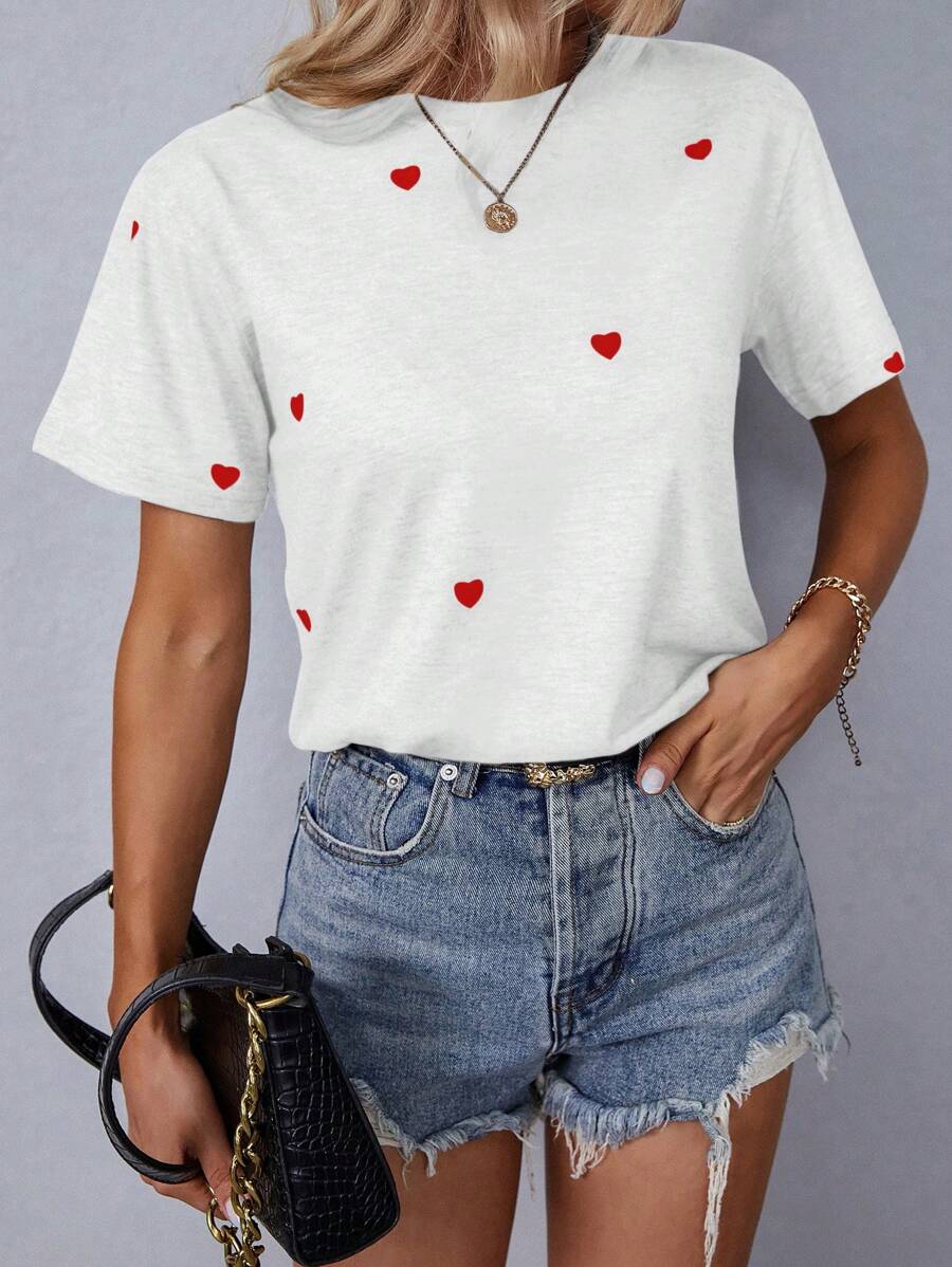 SHEIN LUNE 心形印花圆领休闲T恤图案T恤女式上衣 - 白色 - 查看 1
