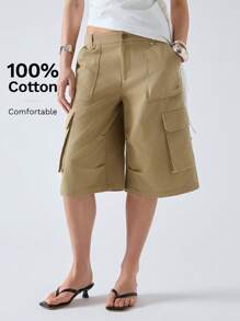 LYSMO 宽松多口袋工装百慕大短裤 - 卡其色 - 查看 1