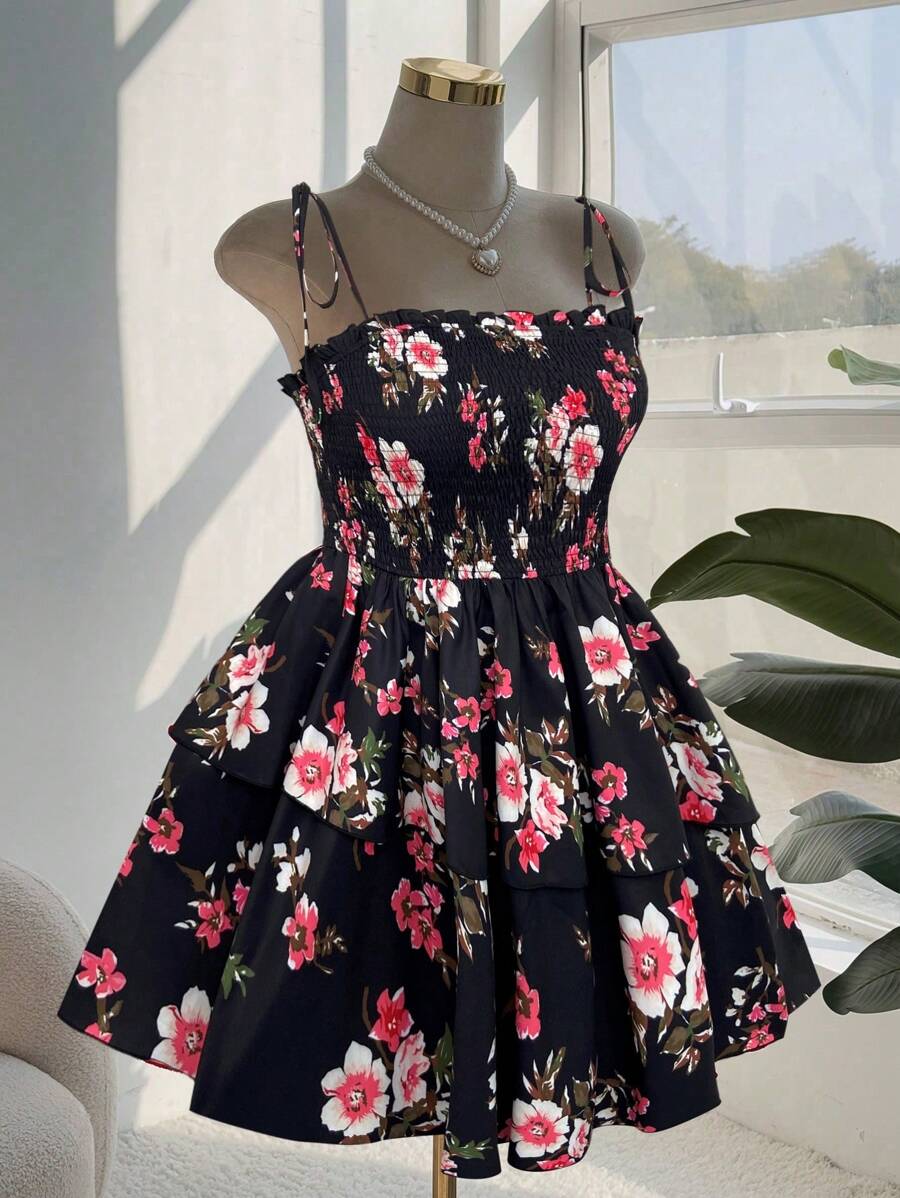 Flirla 大码花卉印花打结肩带休闲中长连衣裙 - 黑色 - 查看 1